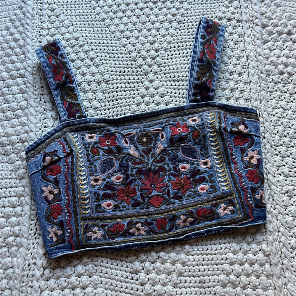 Denim Embroidered Crop Top